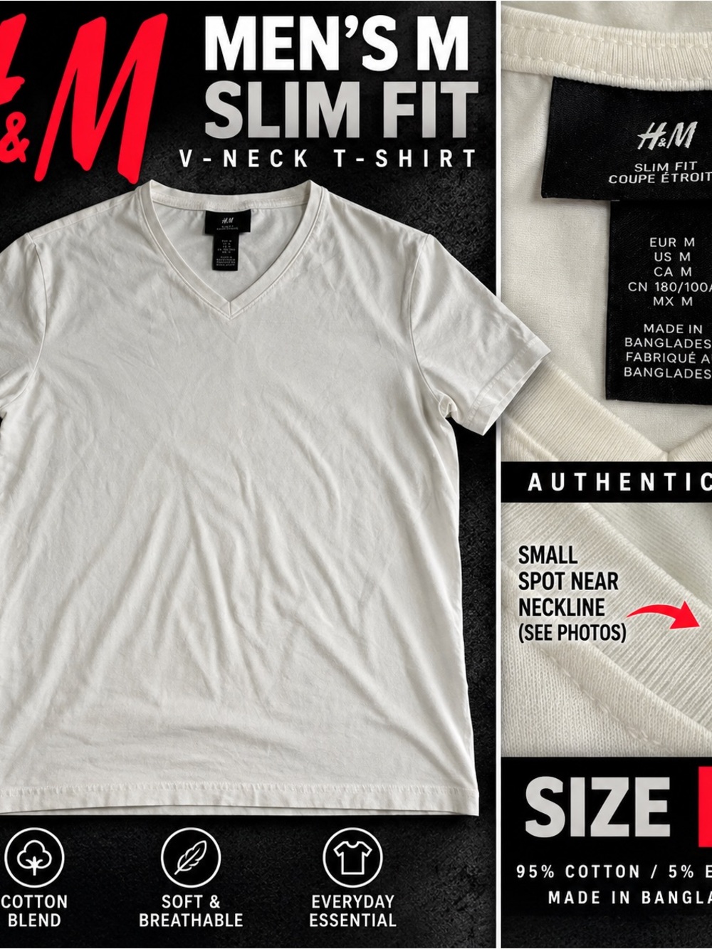 H&M Men’s M Slim Fit V-Neck T-Shirt White Cotton Stretch Short Sleeve